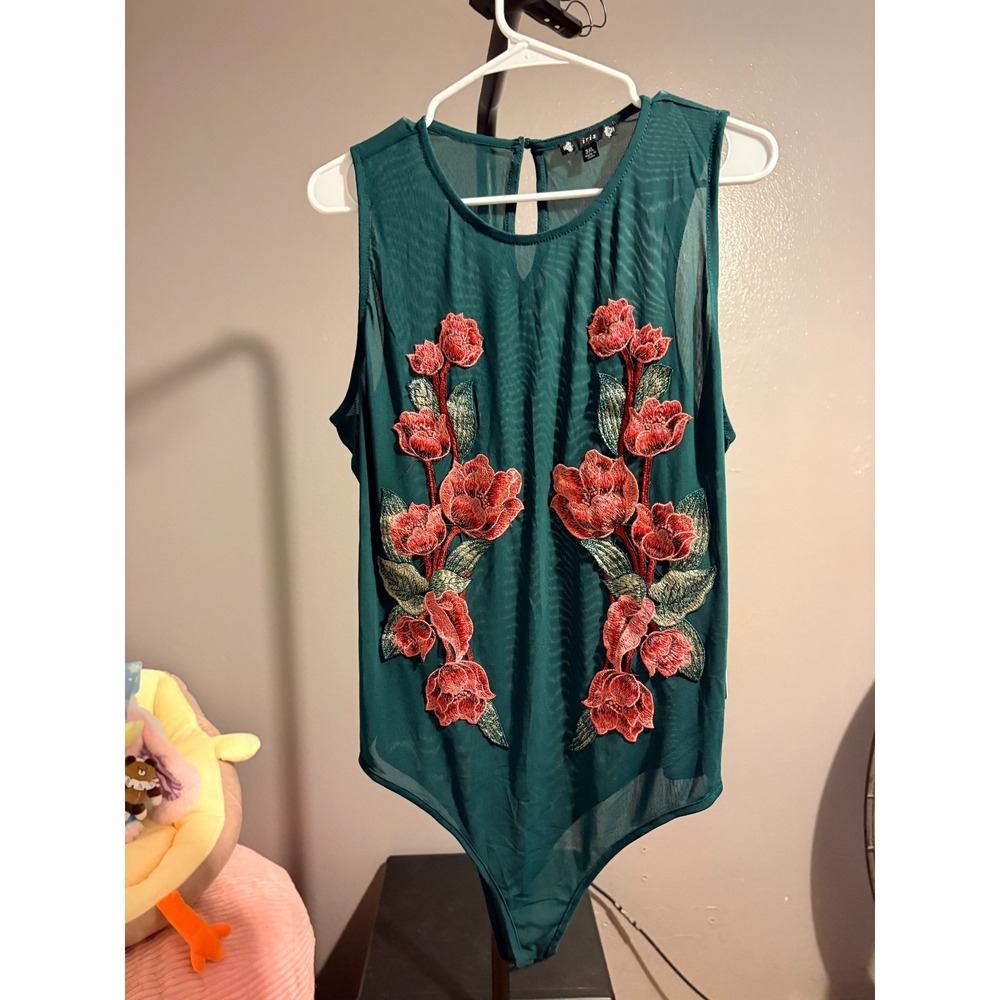 Iris - Green One Piece, Embroidered Roses, Peekaboo in Back‎ Sz 3XL